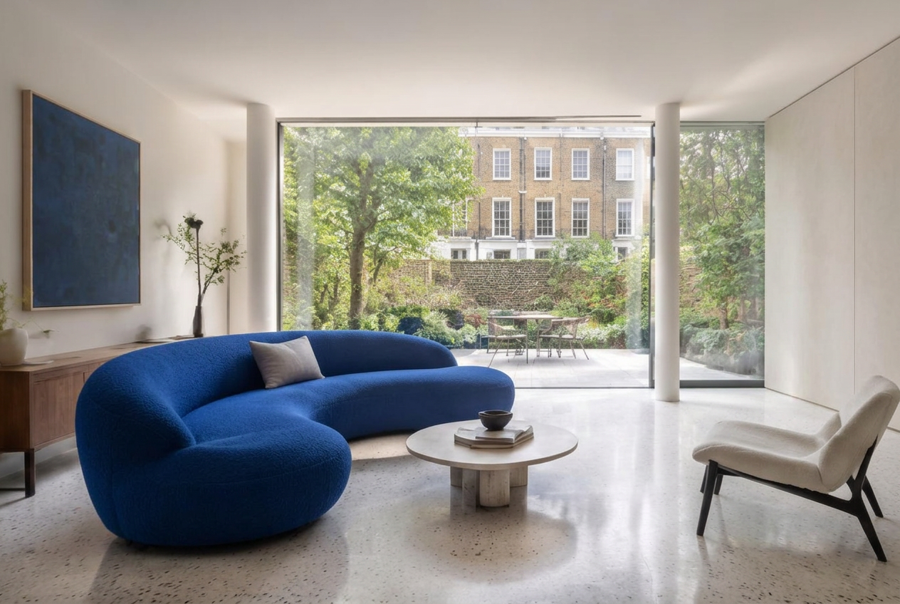 Minimalist contemporary living space with local residential garden views in Bloomsbury