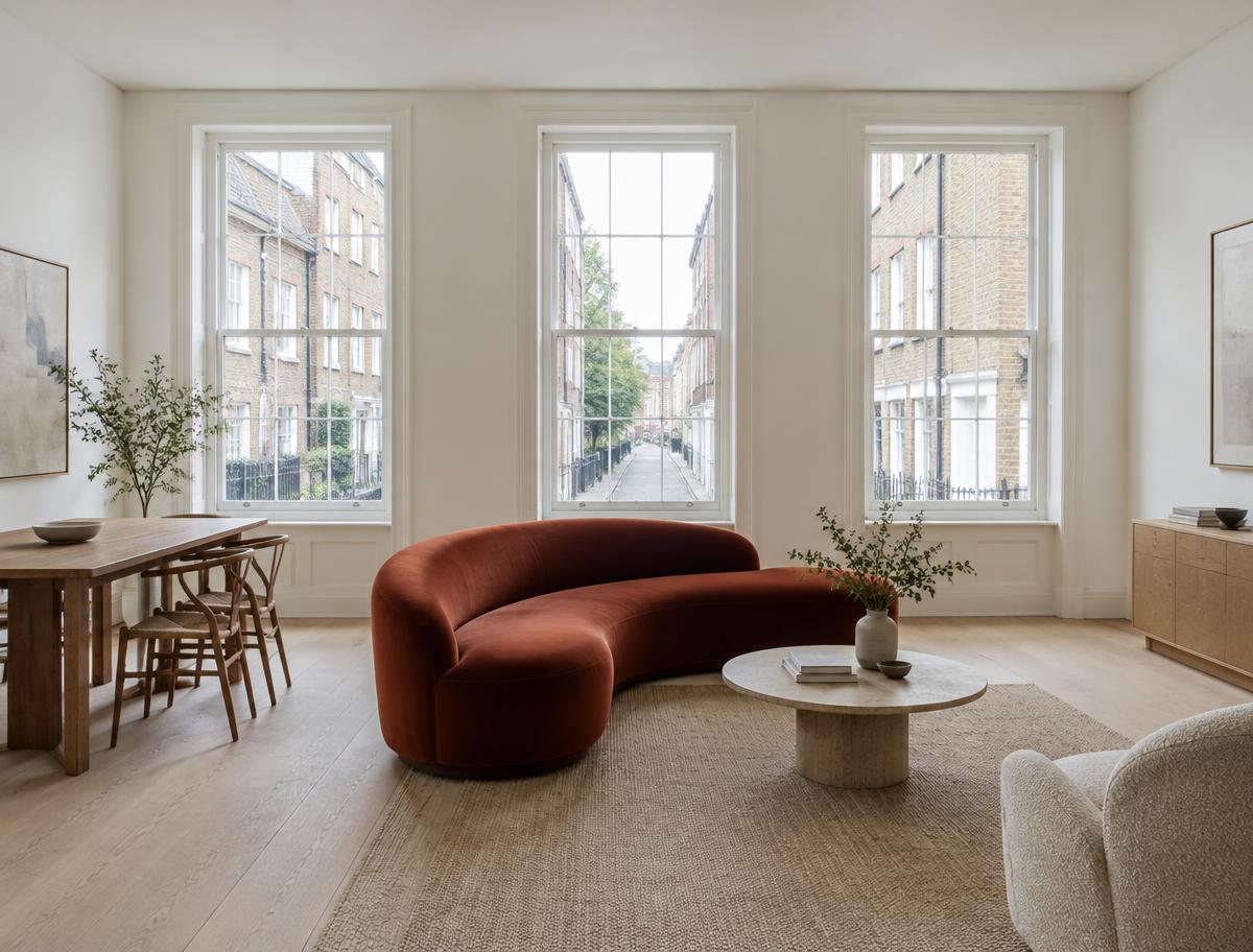 Minimalist contemporary room with straight fabric seating and views onto Classical Georgian terraces in Borough