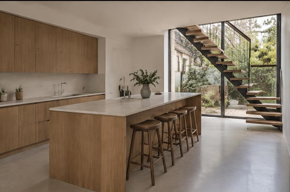 Completed contemporary kitchen with open staircase and garden glazing in Bow