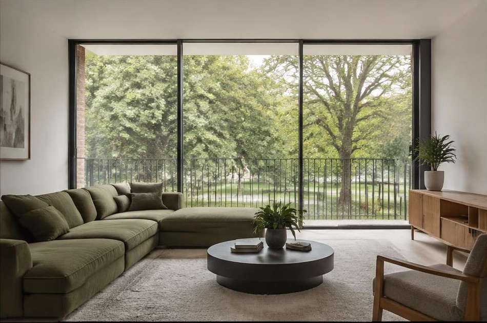 Minimalist living space with local residential garden views in Bow