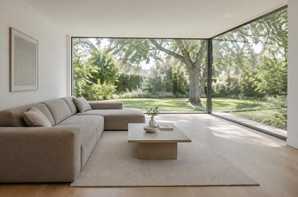 Living room with a linear sofa and corner glazing in Bowes Park