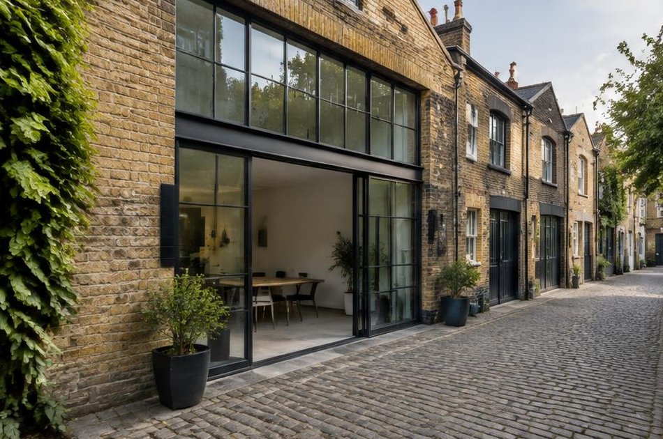 Converted brick mews workshop with steel glazing in Brockley