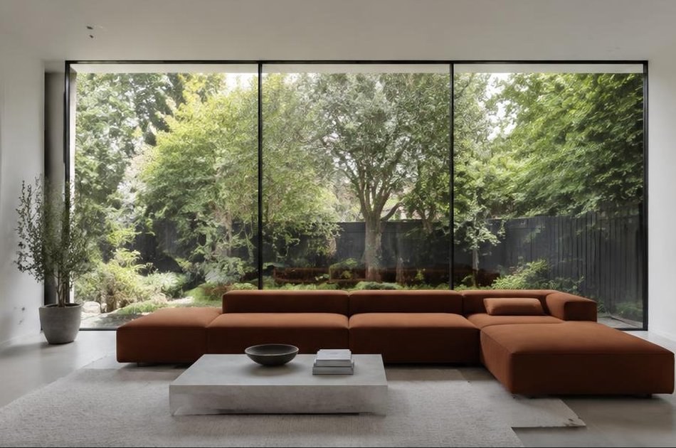 Living room with full-width glazing onto a garden in Brockley