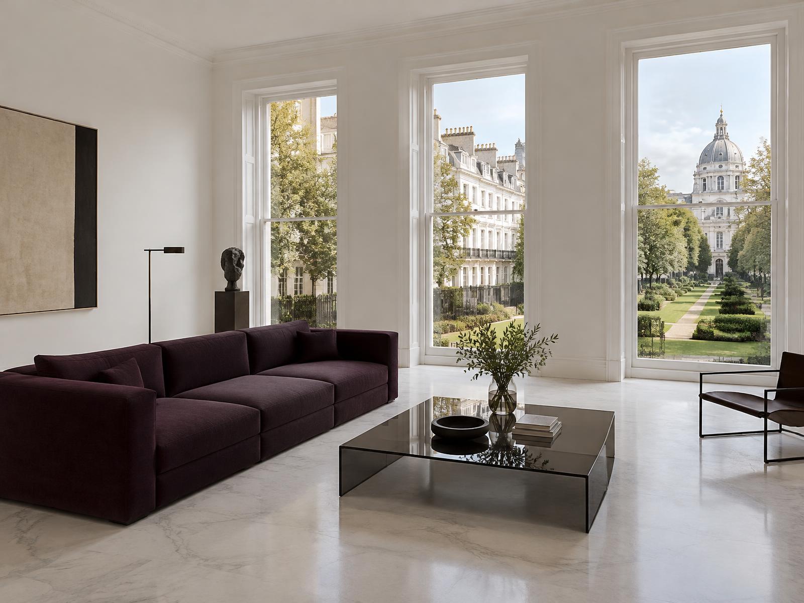 Minimalist room with a square-edged plum sofa and tall windows onto a Regency garden square
