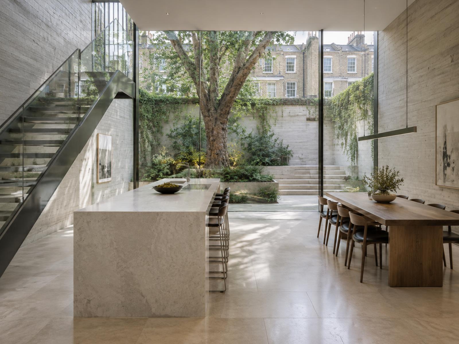 Lower ground kitchen with board-marked concrete and full-height glazing onto a sunken garden with a mature tree