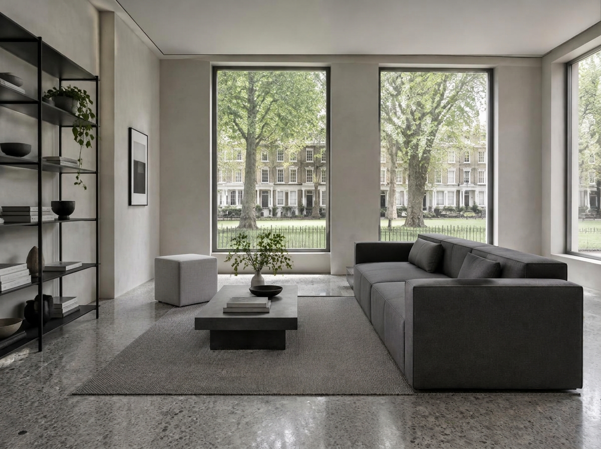 Minimalist room with a straight-lined charcoal sofa and tall windows onto a leafy green and townhouses