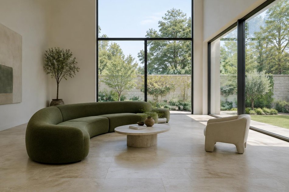 Living room with a curved sofa opening onto a walled garden in Bruce Grove