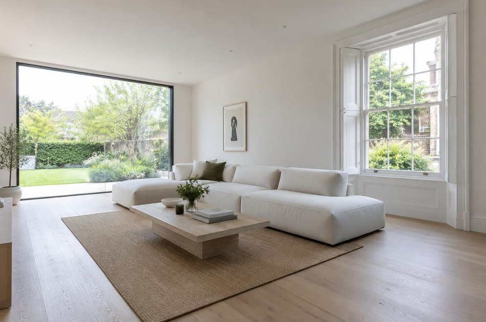 Refurbished interior with a linear sofa and retained Georgian sash in Bruce Grove