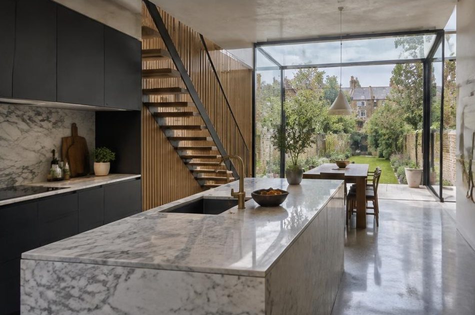 Contemporary kitchen with an open staircase and glazing onto a residential garden in Camberwell