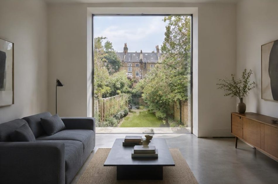 Minimalist contemporary room with straight fabric seating and views onto Camberwell residential homes and gardens