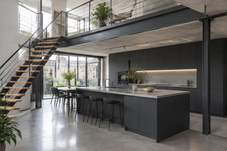 Completed contemporary kitchen and open staircase with garden glazing in Camden Town