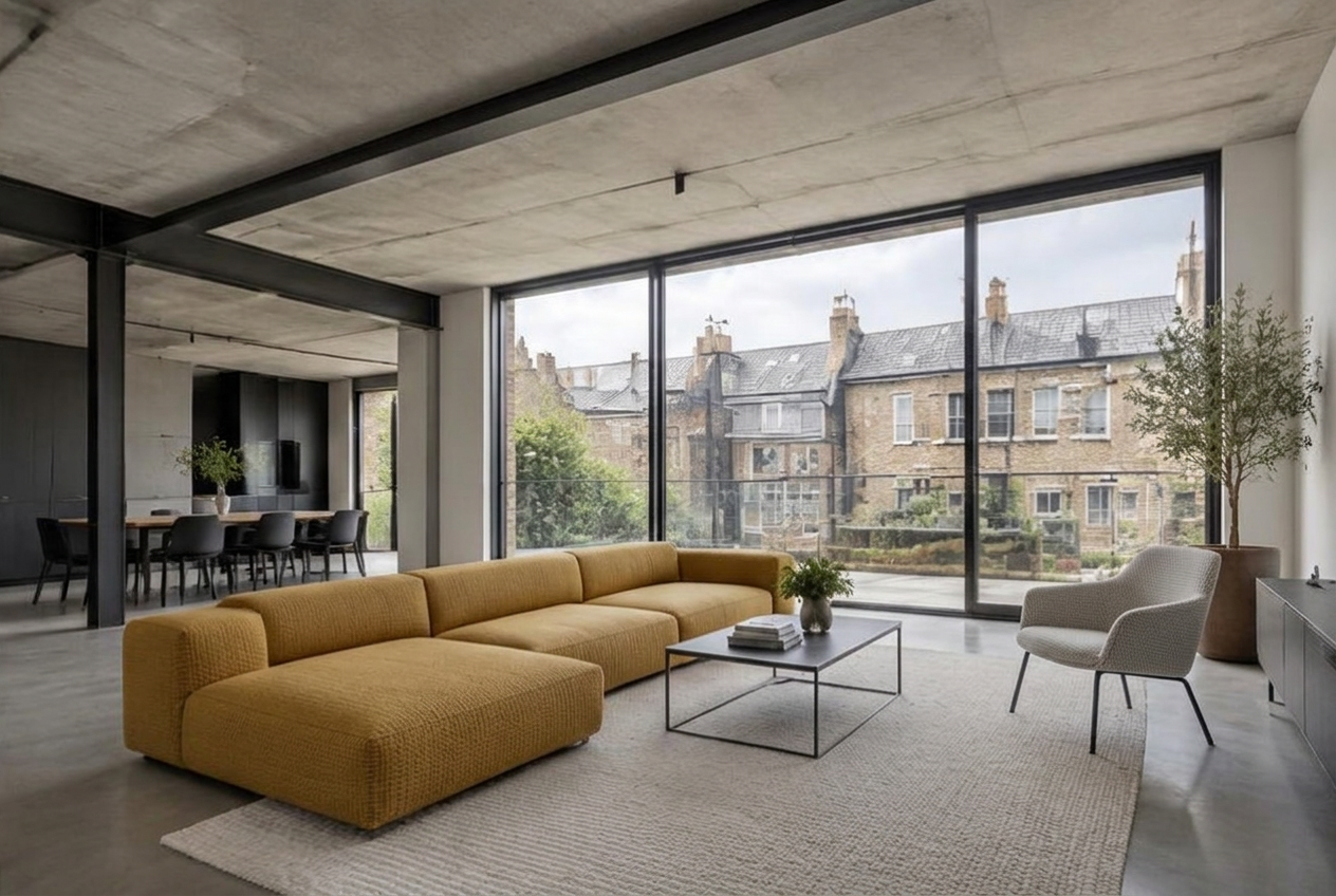 Minimalist contemporary living space with local residential garden views in Camden Town