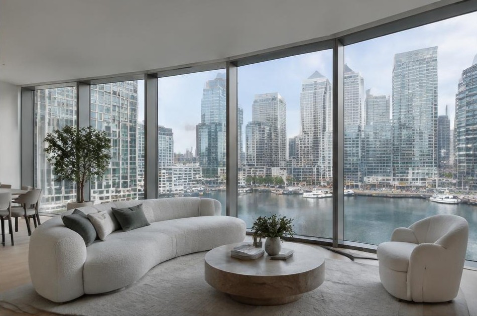 Minimalist living space with local residential garden views in Canary Wharf