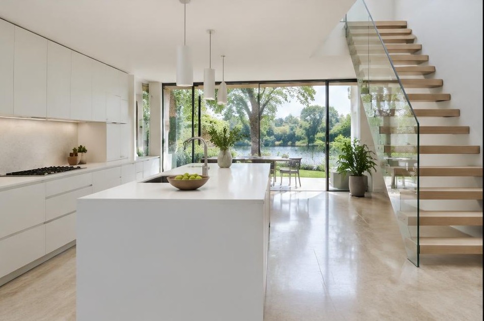 Completed contemporary kitchen with open staircase and garden glazing in Canbury