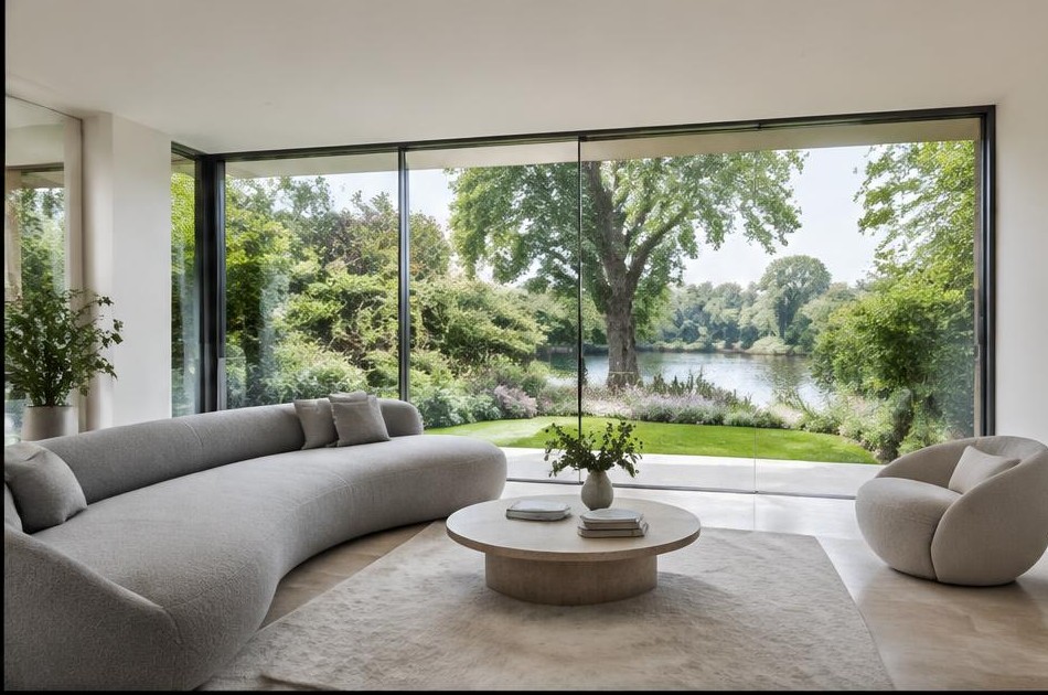 Minimalist living space with local residential garden views in Canbury