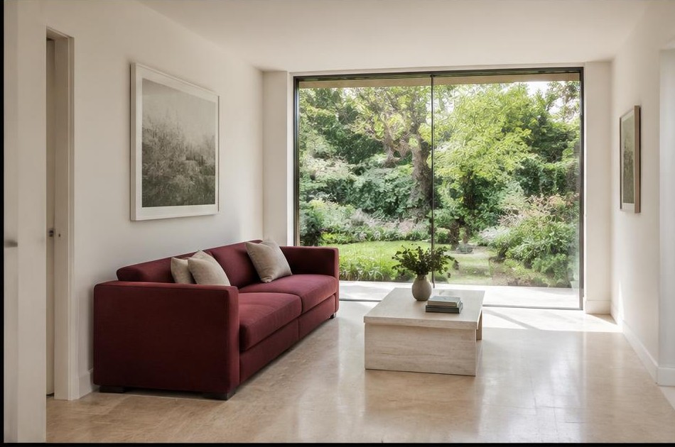 Contemporary refurbished living room with local garden views in Canbury