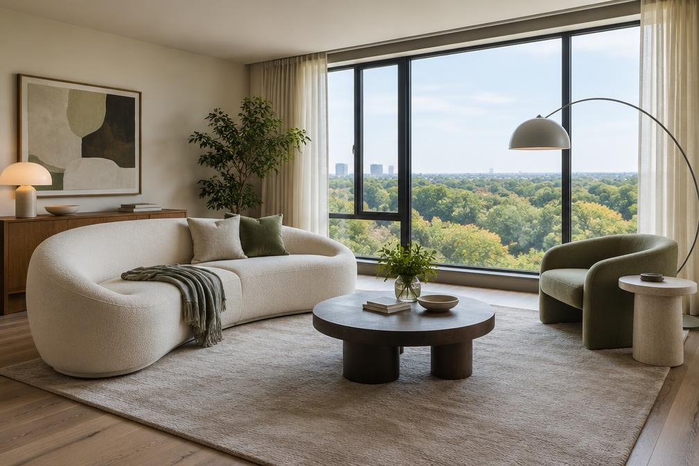 Apartment living area with low curved velvet sofa and wide window view over trees