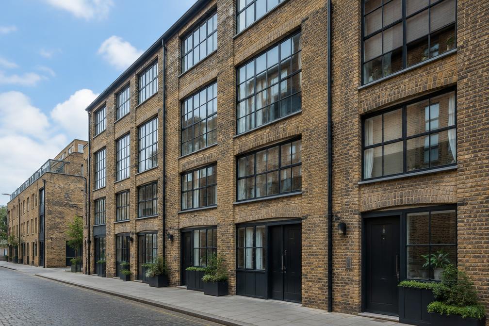 Refurbished brick industrial building converted to homes with steel windows