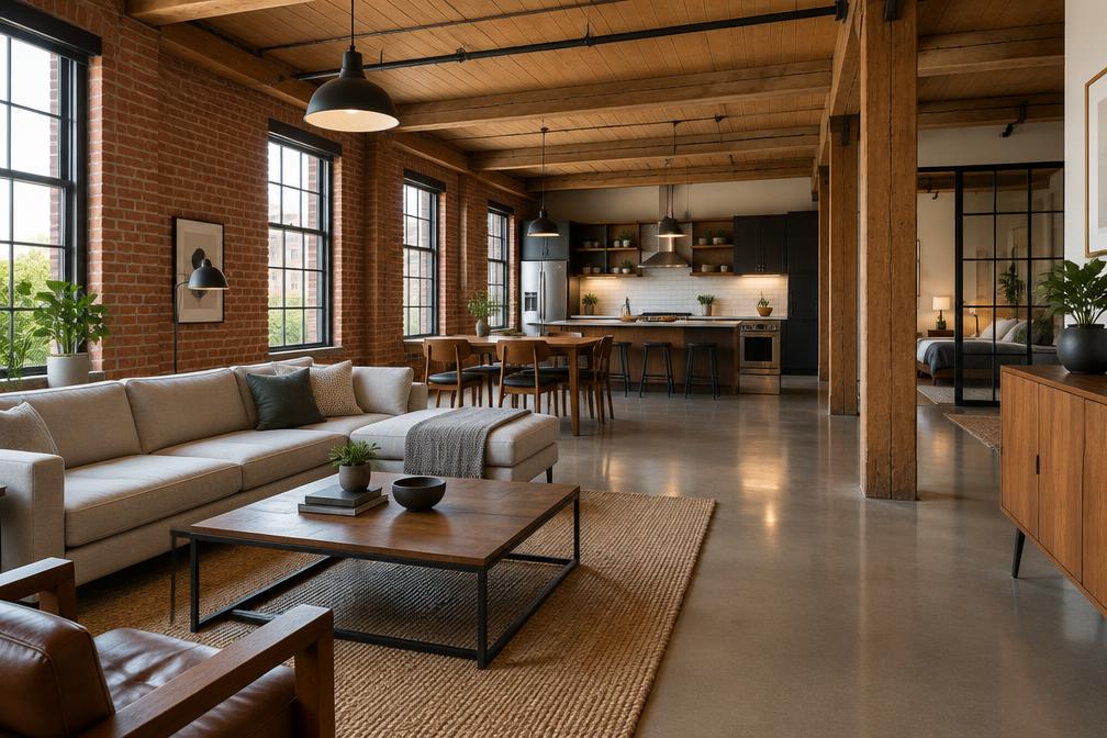 Converted open-plan flat with exposed brick, timber beams and polished concrete floor