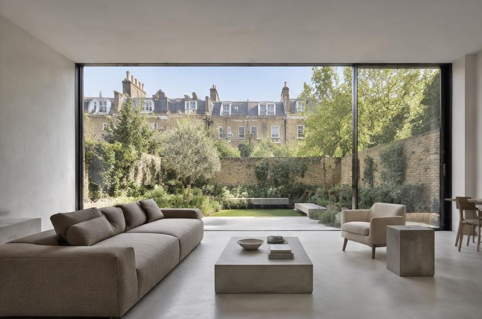 Minimalist living space with broad glazing onto local streets in Canonbury