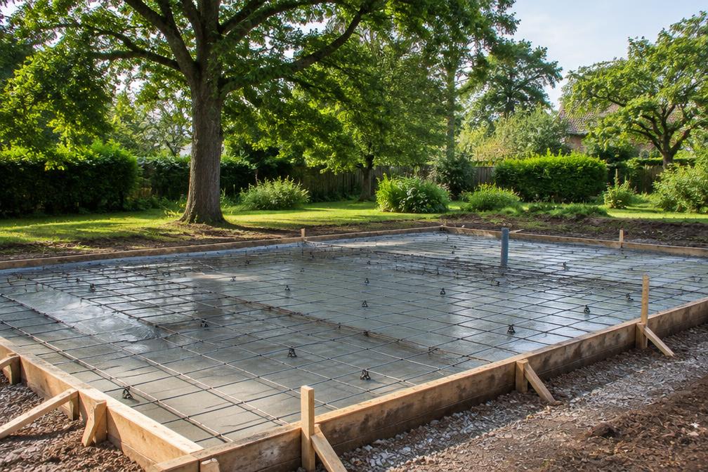Concrete foundation pour for a new extension in a large garden with mature trees