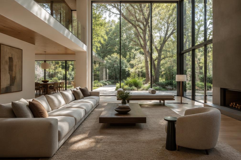 Double-height living room with long linear sofa and floor-to-ceiling glazing to woodland garden