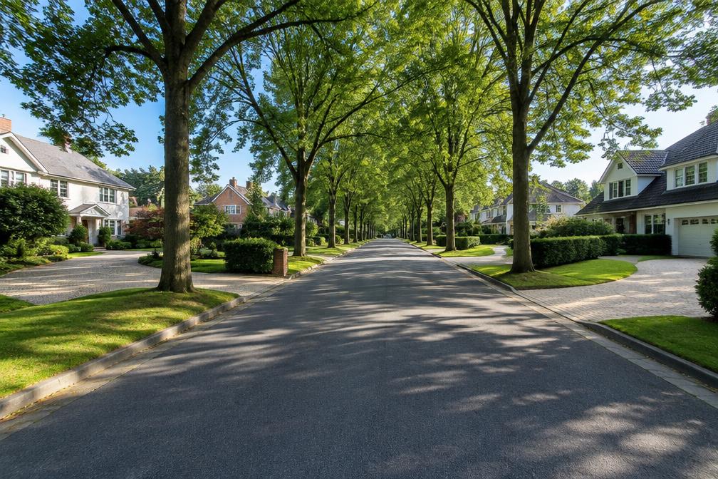 Wide tree-lined avenue of individual detached houses with deep front drives