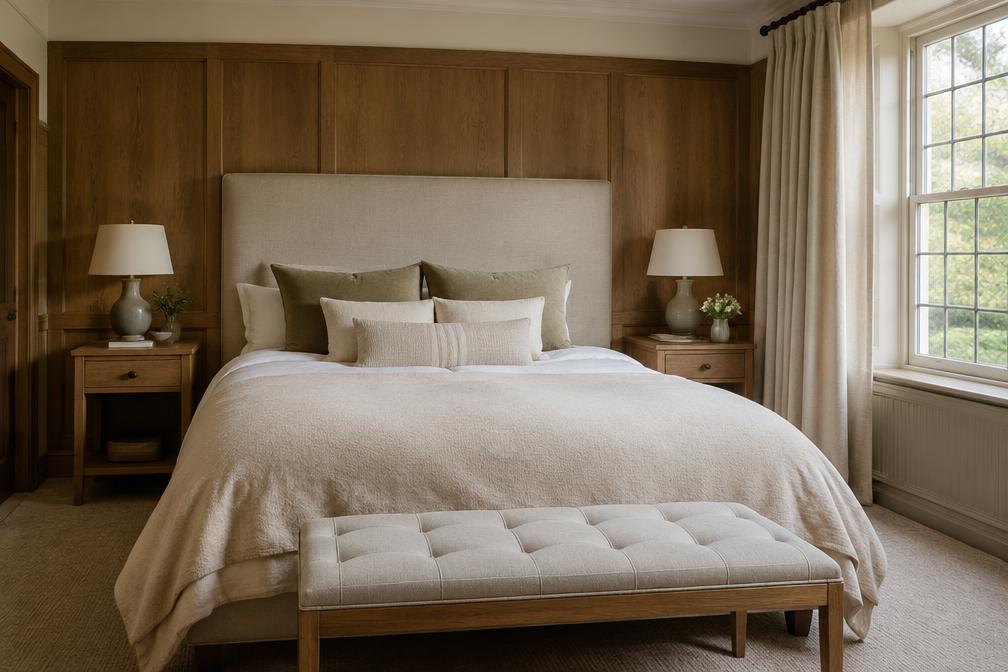 Refurbished principal bedroom with oak panelling, linen headboard and soft daylight