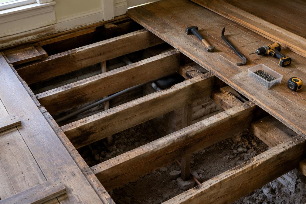 Structural engineer inspecting a timber floor opened up for repair in an older house