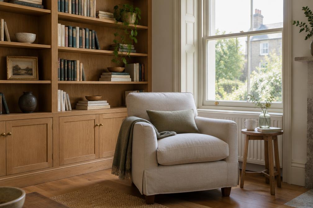 Calm reading room with linen armchair, built-in oak shelving and a sash window