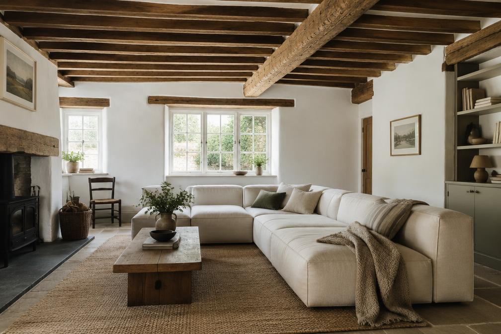 Refurbished period cottage interior with exposed beams, white walls and a low modular sofa
