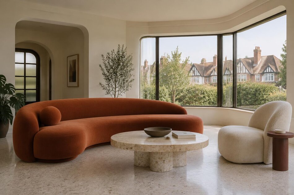 Living room with a curved sofa overlooking interwar houses in Catford