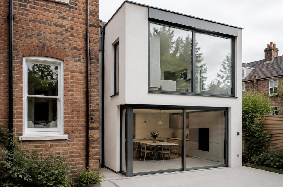 Victorian brick facade beside a rendered two-storey extension in Catford