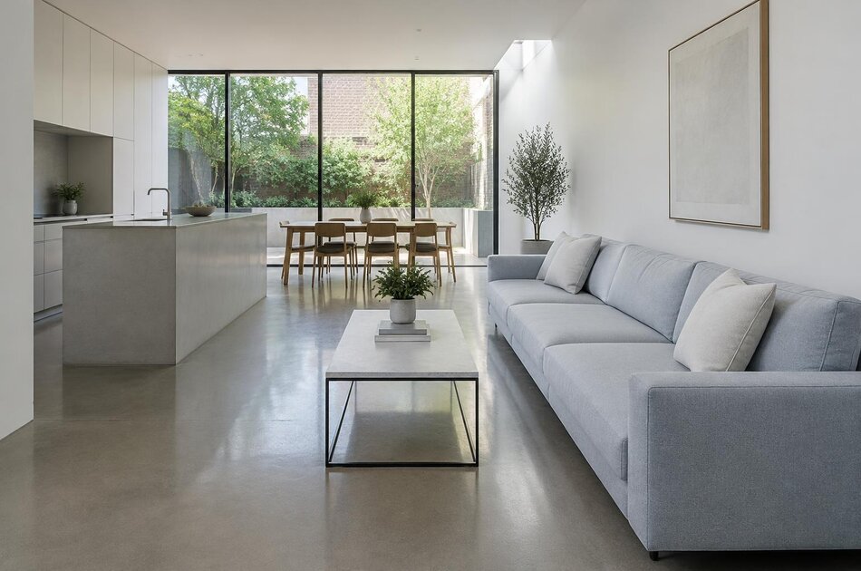 Refurbished open-plan interior with a linear sofa in Catford