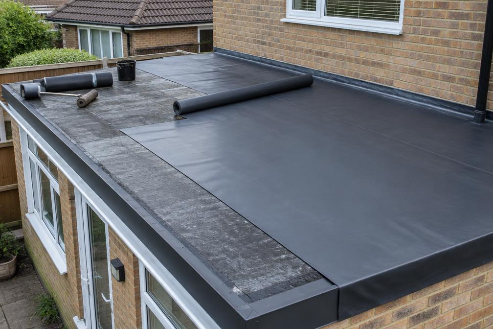 Roofers fitting a new flat roof over a rear extension