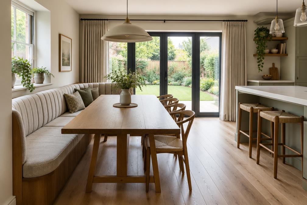 Kitchen-diner with long timber table, curved bench and garden doors