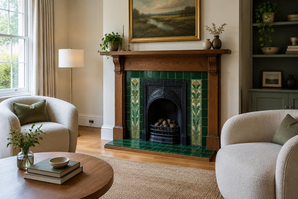 Refurbished sitting room with restored fireplace and rounded armchairs