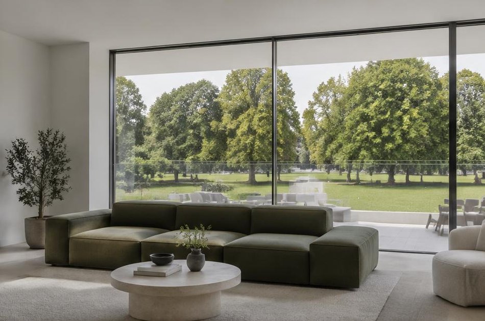 Minimalist living room overlooking Charlton Park