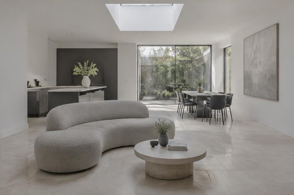 Refurbished open-plan interior with skylight in Charlton