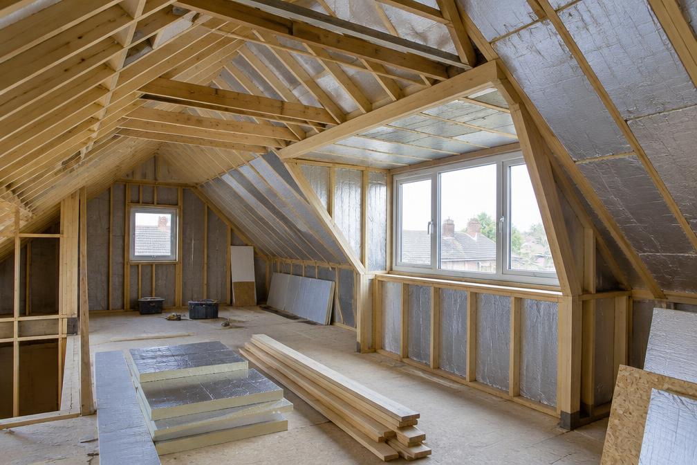 Loft conversion in progress with new rafters, dormer framing and insulation boards