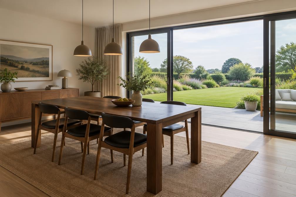 Family dining space with walnut table, pendant lights and sliding doors to a wide garden