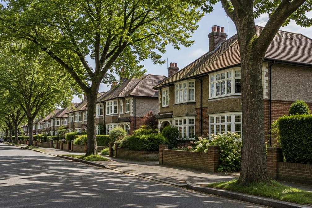 Leafy Cheam-style road of 1930s semi-detached houses with hipped roofs and mature trees