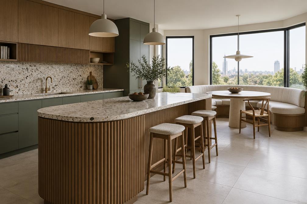 Contemporary kitchen with terrazzo worktop, fluted island and curved banquette seating