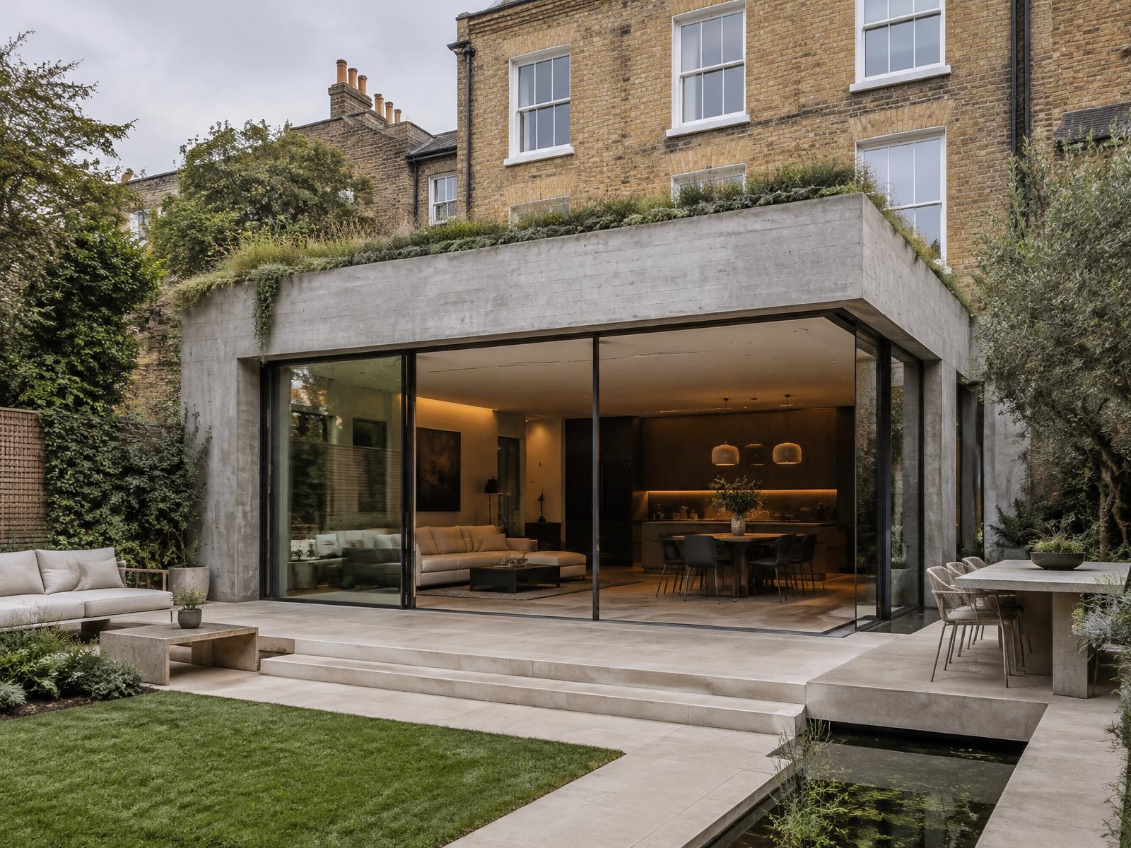 Board-marked concrete and glass garden extension to a Chelsea brick townhouse