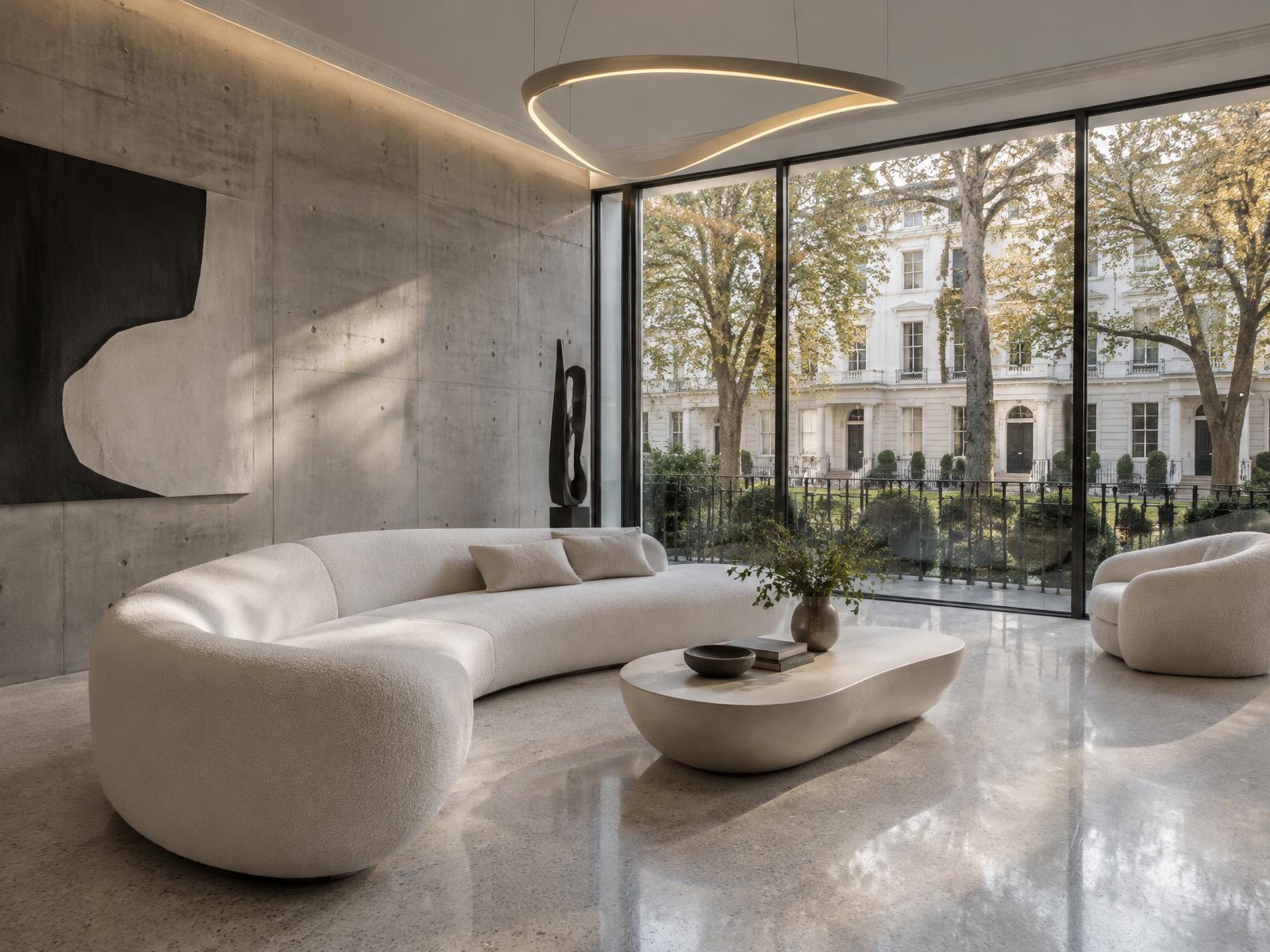 Sculptural contemporary living room with exposed concrete and full-height glazing overlooking a Chelsea garden square