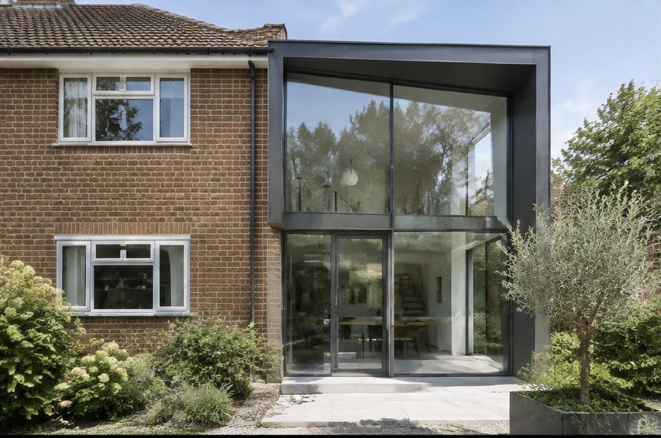 Retained original facade beside a dominant contemporary glazed addition in Chessington