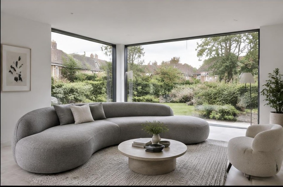 Contemporary refurbished living room with local garden views in Chessington