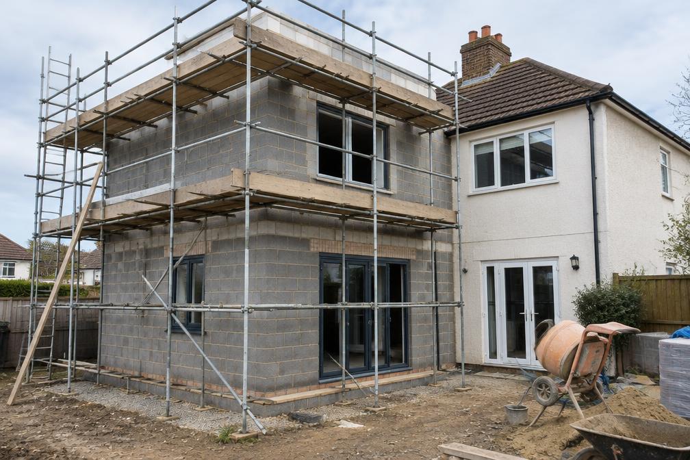 Two-storey side extension in blockwork with scaffolding in Chingford