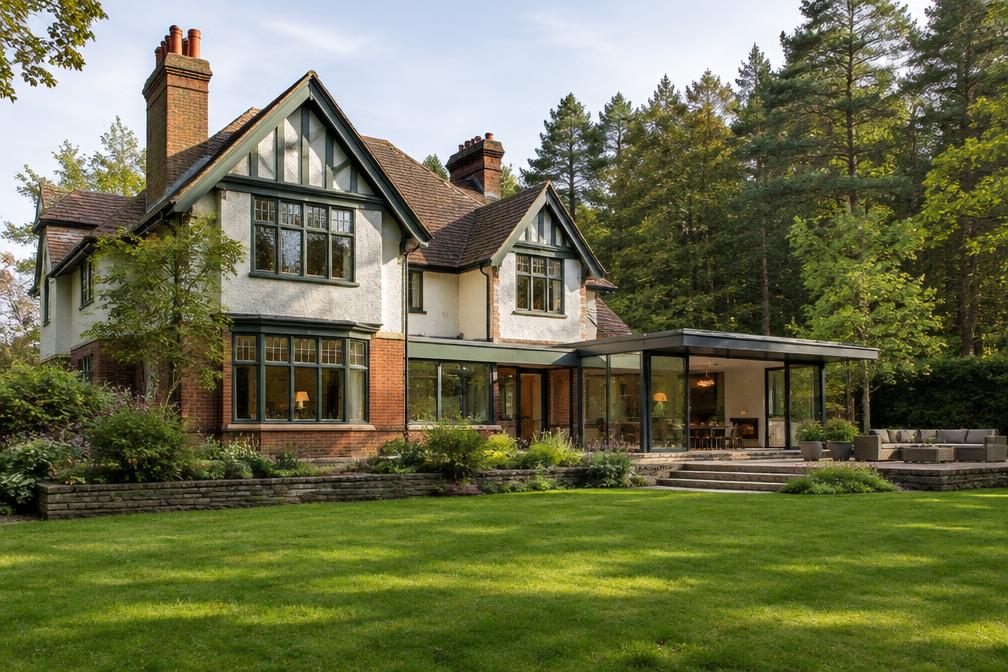 Arts and Crafts house with a contemporary glazed garden room by the forest in Chingford