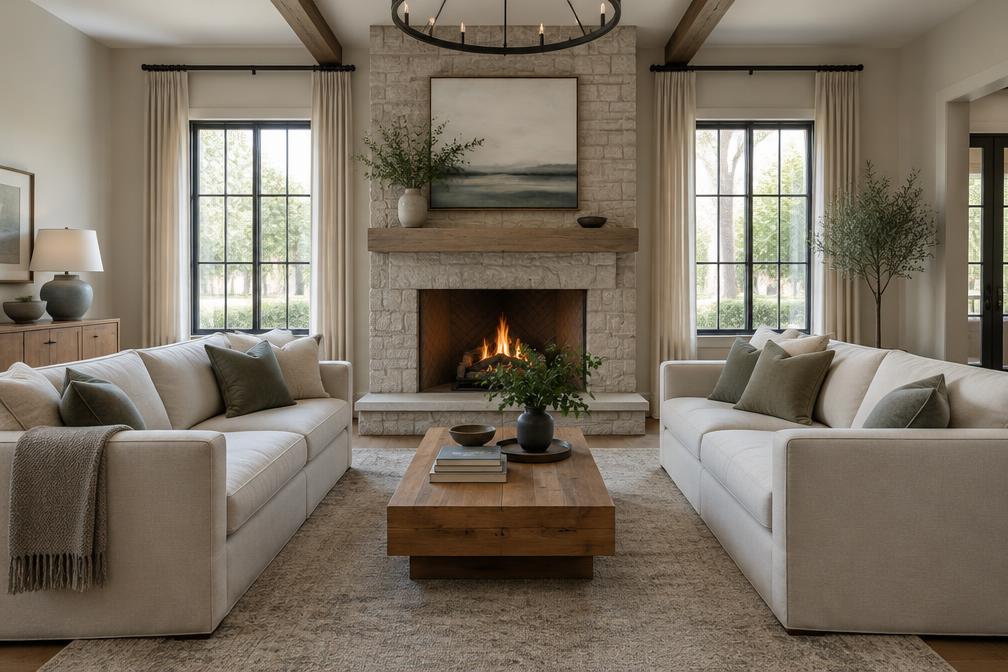 Drawing room with facing linen sofas and a stone fireplace in Chingford